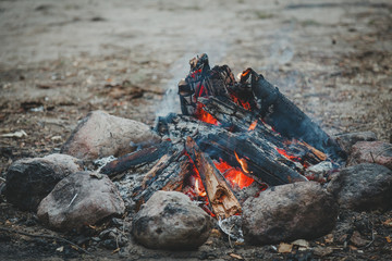 Closeup of bonfire in the wood