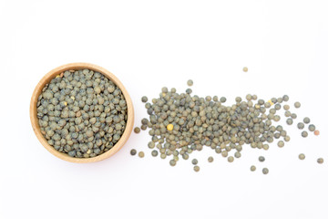 Green lentils isolated on white background, Copy space
