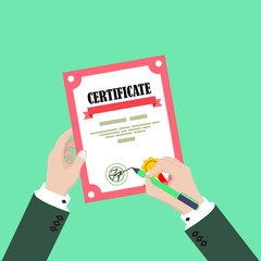 Man hand sign certificate. Vector illustration in flat style