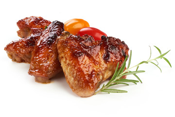 Baked chicken wings with bbq sauce, american food, close-up, isolated on white background