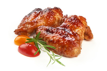 Buffalo chicken wings with barbecue sauce, american food, close-up, isolated on white background