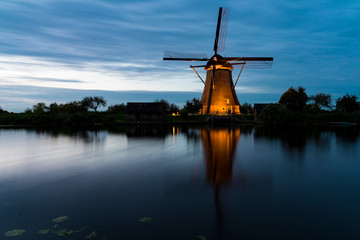 Mills of Unesco mills of Kinderdijk, in spotlight, by Night. The Netherlands
