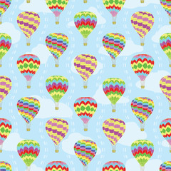 Travel vector seamless pattern background of hot air balloons in sky among clouds. Vertical wavy dashed lines decorate the print. Cute colorful balloons design for fun travel themed projects, fabric.