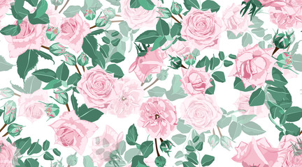 Seamless Floral Rose Pattern with Leaves.