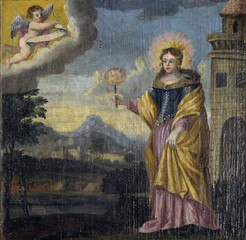 The martyrdom of St. Barbara, Escape from the parental home, altarpiece in the Church of the Saint...