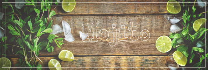Mojito coctail ingredients with fresh mint leaves and lime slices on a wood background
