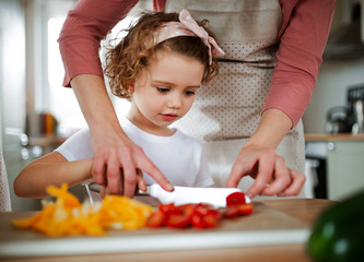 A portrait of small girl with mother at home, preparing vegetable salad.