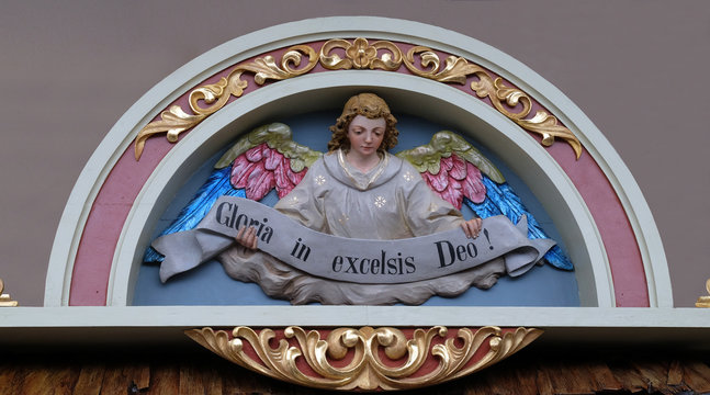 Angel with Gloria in excelsis Deo Banner, Nativity Scene, altarpiece in the church of Saint Matthew in Stitar, Croatia