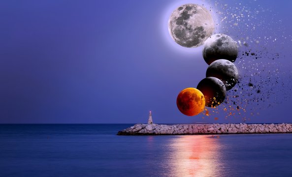 Conceptual compoite image of the stages of the largest lunar ecl