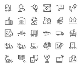 Shipping, flat icons, thin lines, monochrome, vector. Cargo transportation and delivery of goods. Gray outline icons on white background. Vector clip art. 