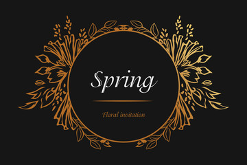 Fototapeta na wymiar Floral spring invitation golden frame. Luxury Floral design element. Floral logo or icon.