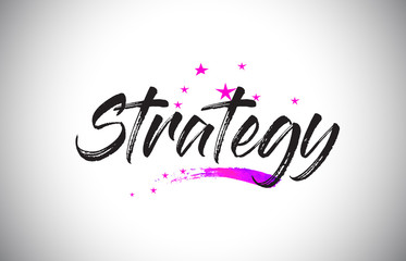 Strategy Handwritten Word Font with Vibrant Violet Purple Stars and Confetti Vector.