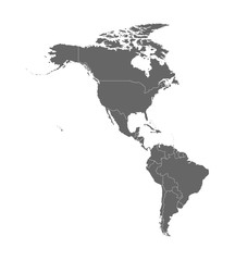 Vector illustration with map of North and South America continent with countries borders. Grey silhouettes, white background. White line borders of countries