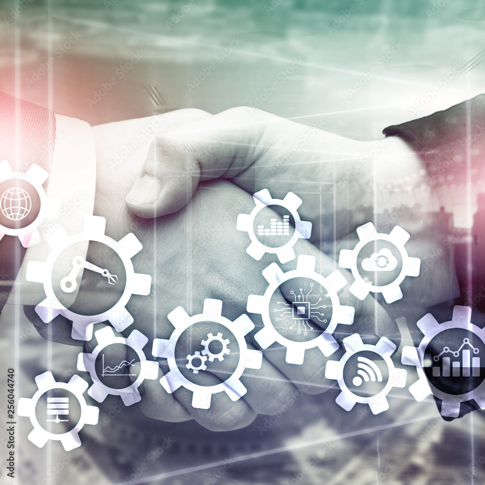Wall mural automation technology and smart industry concept on blurred abstract background. gears and icons.