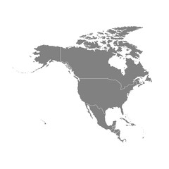 Vector illustration with map of North America continent. Grey silhouettes, white background. 