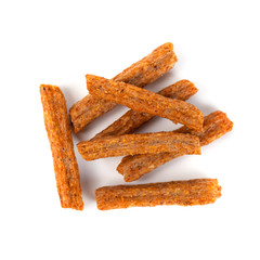 Croutons of toasted bread on white background