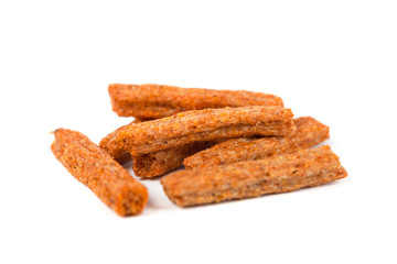 Croutons of toasted bread on white background