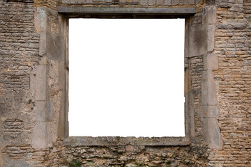 Window frame template with white copy space in the hole for your image insertion. View from an old and ancient brick and stone window