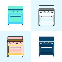 Kitchen stove icon set in flat and line styles