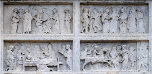 Panel with episodes of the life of St. Geminiano, by Agostino di Duccio of about 1442, Modena Cathedral, Italy 