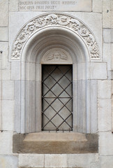 Detail of Modena Cathedral dedicated to the Assumption of the Virgin Mary and Saint Geminianus, Italy 