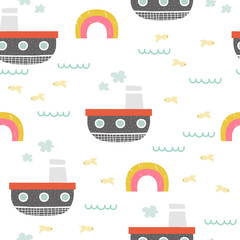 Childish seamless pattern with steamship and rainbow. Vector hand drawn illustration.