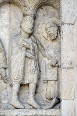 Obraz premium Plate with stories from Genesis: Story about Abel and Cain, God the Father reproaches Cain, relief by Wiligelmo, Modena Cathedral, Italy 