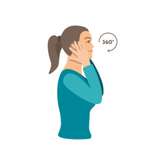 Vector colorful illustration. Neck exercises by girl for relax. Work with head and ear massage. Creative concept. Blue and grey colors. White background