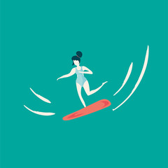 Trendy retro vintage style flat cartoon vector illustration: a surfer woman or surfing wave girl. Summer holidays poster template.