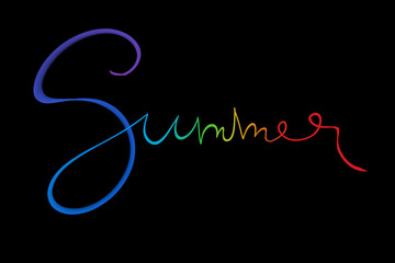 Summer lettering word written with white smoke or flame light in rainbow color isolated on black background
