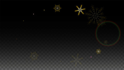 Christmas  Vector Background with Gold Falling Snowflakes Isolated on Transparent Background. Realistic Snow Sparkle Pattern. Snowfall Overlay Print. Winter Sky. Design for Party Invitation.