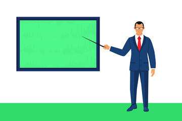 Man in suit with pointer in hand, with empty board presentation. Template for trainings, reports, chart. Space for promotion, advertising. Vector illustration in flat style
