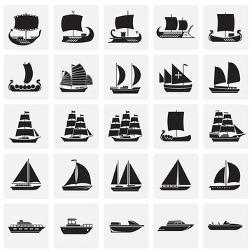 Ship icons set on squares background for graphic and web design. Simple vector sign. Internet concept symbol for website button or mobile app.