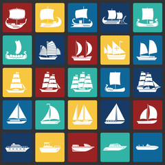 Ship icons set on color squares background for graphic and web design. Simple vector sign. Internet concept symbol for website button or mobile app.