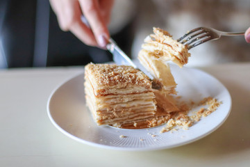 Girl enjoying dessert in coffee shop, food blogger 