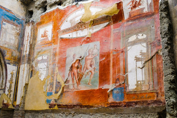Herculaneum, ancient Roman town. Neptune and Aimone fresco wall painting, Ercolano, Italy