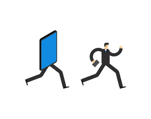 Businessman run away smartphone. Man go Offline. Concept stop online. Escape from internet