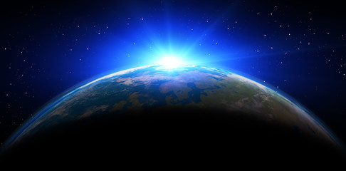Fototapeta na wymiar Planet earth with blue sunrise, view of earth from space