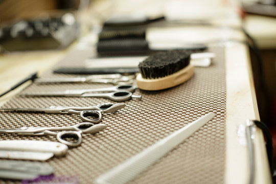 Barber's tools organized on table