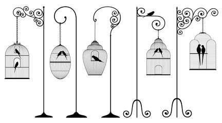 Vector set of outline, antique, bird cages with stands and domestic birds in black color on white background. 