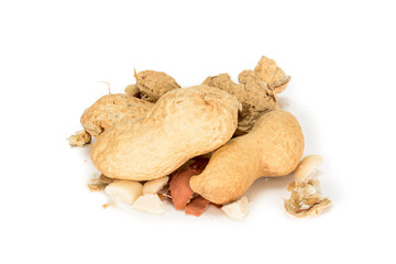 Peanuts. Two whole and one broken nuts by hammer isolated on white background. Peanut macro close up. Full depth of field.