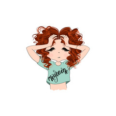 Red Hair Girl Migraine Isolated On A White Background Hand Drawn Illustration