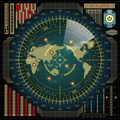 Vector radar screen with world map, targets and futuristic user interface