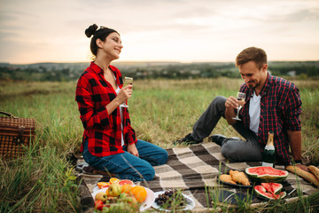 Obraz premium Love couple drinks wine, picnic on the meadow