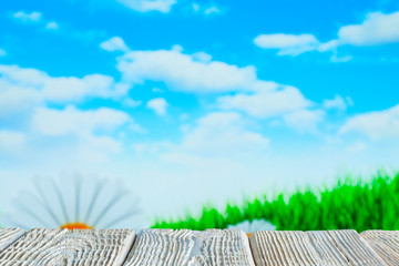 White wooden table with free space on nature background - flowers, lawn and blue sky