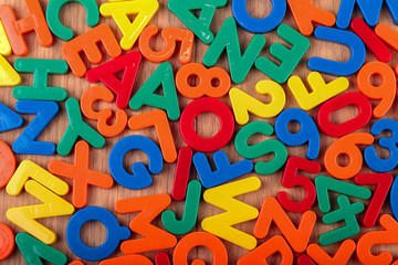 Set of coloured plastic letters and numbers