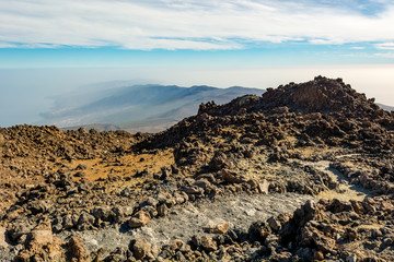 Hiking trail running through spectacular volcanic landscape.