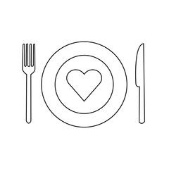 Fork, knife and plate with red heart line icon. Vector illustration.