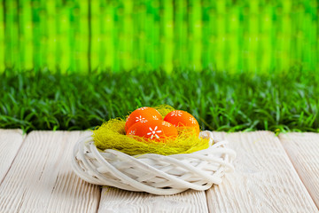 Easter eggs in the nest and wooden table on green nature background