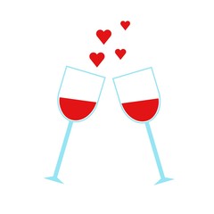 Two Glasses with Wine flat Icon. Happy Valentine Day and Love Symbol. Vector illustration.